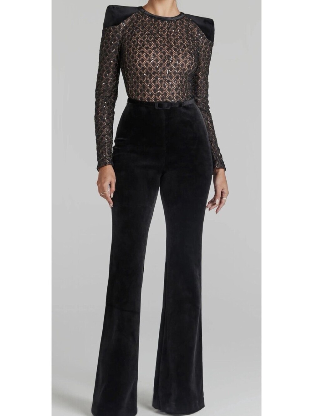 New Nadine Merabi Amanda Long Sleeve Jumpsuit In Black Nude Size XL/ US 12 $498